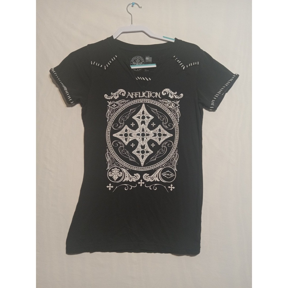 Y2K Vintage rare Affliction Black rhinestone graphic shirt Size Large Open Vneck